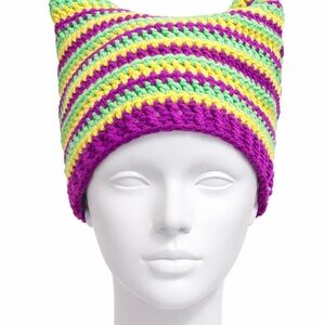 Purple Green Yellow Mardi Gras Striped Knit Cat Ears Beanie